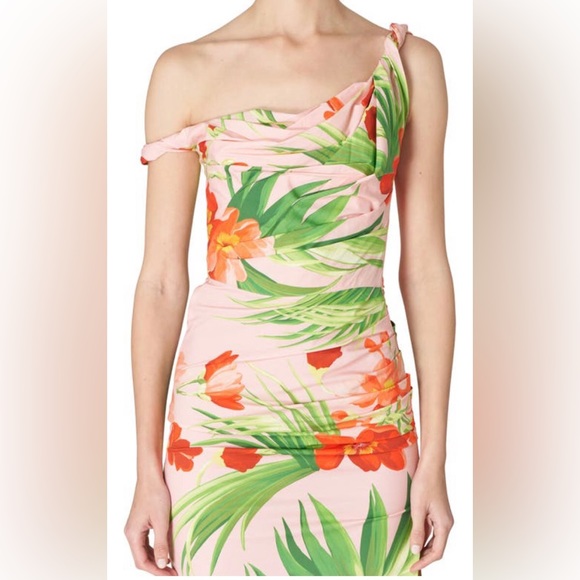 NWT $1890 Carolina Herrera Floral One-Shoulder Ruched Stretch Cotton Dress - 0! - Picture 5 of 6